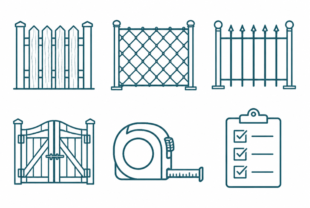 Wood, chain-link, metal, gate, measuring and planning illustrations
