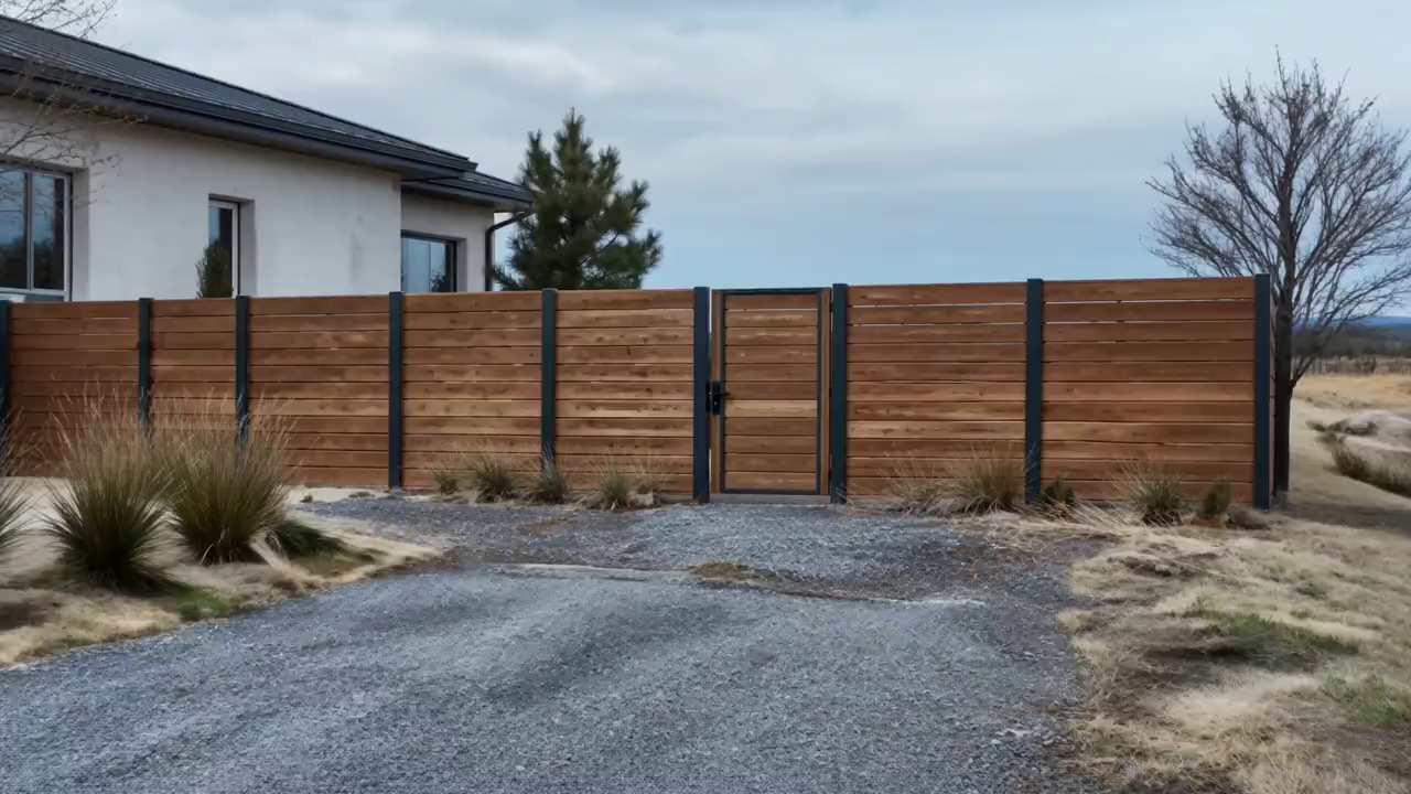 Illustrative cedar fence and steel gate on a West Texas property